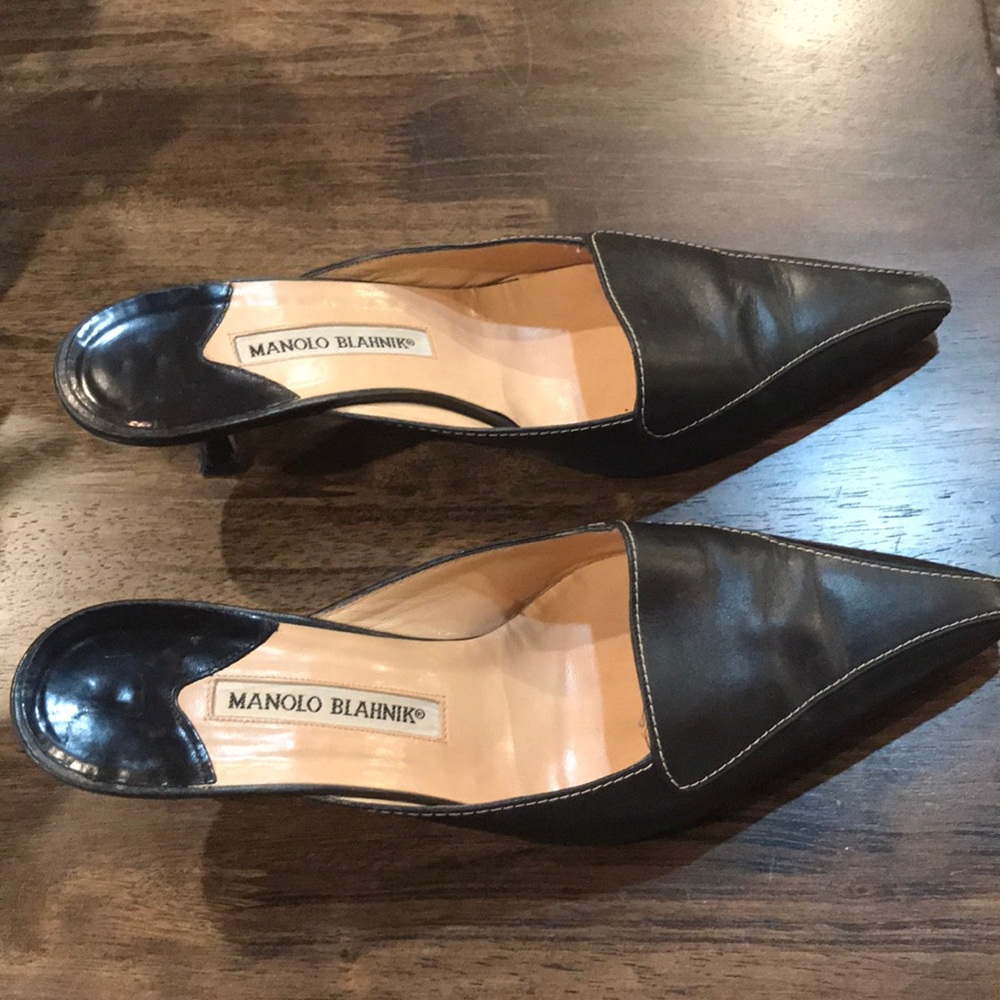 Manolo Blahnik black kitten heel mules.  9, 39